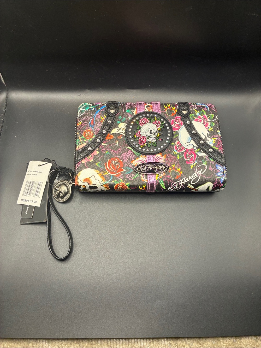 Ed Hardy Black Floral Skull Wristlet with Multicolor Accents